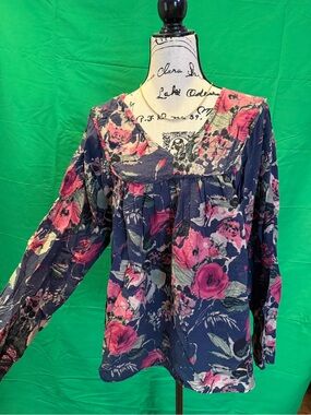 Navy Floral Long-Sleeve Peasant Blouse with Pink Accents